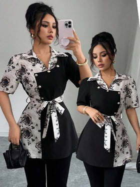 Elenzga بلوزة نسائية غير متماثلة الأكمام مطبوعة بألوان متباينة ومزمومة الخصر