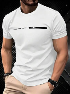 Manfinity Homme قميص تي شيرت رجالي مطبوع بطباعة بسيطة برقبة طاقم، كم قصير، قياس ضيق