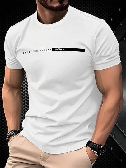 Manfinity Homme قميص تي شيرت رجالي مطبوع بطباعة بسيطة برقبة طاقم، كم قصير، قياس ضيق