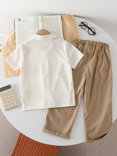SHEIN Vintaside Kids طقم ملابس علوية للأولاد من عمر 4-7 سنوات للربيع/الخريف، كارديجان أكمام طويلة بياقة بني وبيج مع بنطال مخطط، إطلالة أنيقة وبسيطة للعودة إلى المدرسة، مناسب لجميع المواسم