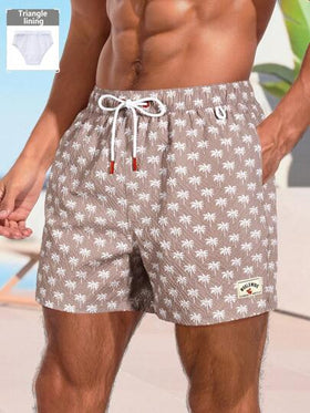 Manfinity Swimmode بنطلون قصير شاطئي ذو خصر رباط مع طباعة نخلة للرجال ، صيفي