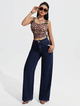 SHEIN PETITE سراويل جينز مستقيمة وعملية للنساء بأزرار أمامية، إطلالة كاجوال وعصرية