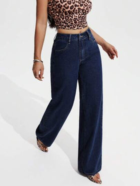 SHEIN PETITE سراويل جينز مستقيمة وعملية للنساء بأزرار أمامية، إطلالة كاجوال وعصرية