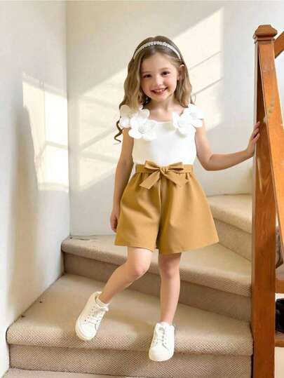 Elladie kids جمبسوت قصيرة مزينة بالزهور للفتيات الصغيرات، لطيفة ومريحة مع حزام زهري كبير الحجم، طقم ملابس صيفي عادي للفتيات الصغيرات