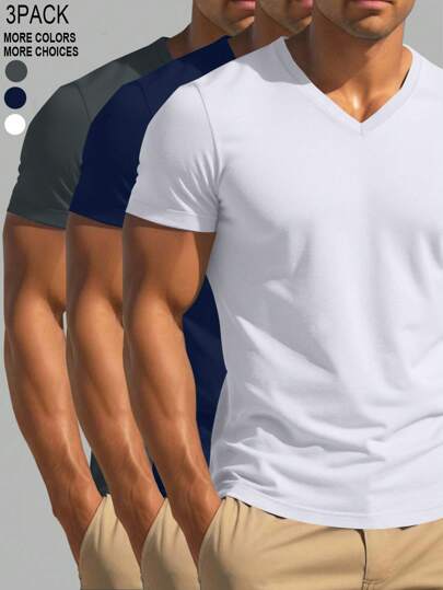 Manfinity Homme 3 قطع تيشيرت رجالي قصير الأكمام بياقة على شكل حرف V لون أحادي مناسب للصيف، تيشيرت رجالي بياقة على شكل حرف V، مجموعة تيشيرتات رجالية بياقة على شكل حرف V، تيشيرت أبيض رجالي، هدية رائعة للحبيب أو الزوج.