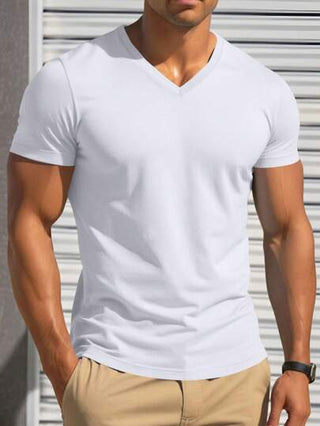 Manfinity Homme 3 قطع تيشيرت رجالي قصير الأكمام بياقة على شكل حرف V لون أحادي مناسب للصيف، تيشيرت رجالي بياقة على شكل حرف V، مجموعة تيشيرتات رجالية بياقة على شكل حرف V، تيشيرت أبيض رجالي، هدية رائعة للحبيب أو الزوج.