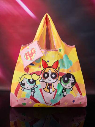 THE POWERPUFF GIRLS X  حقيبة تسوق قابلة للطي وقابلة للحمل، حقيبة سعة كبيرة للنساء بتصميم الزهور والفقاعات والأزهار الصفراء