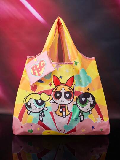 THE POWERPUFF GIRLS X  حقيبة تسوق قابلة للطي وقابلة للحمل، حقيبة سعة كبيرة للنساء بتصميم الزهور والفقاعات والأزهار الصفراء