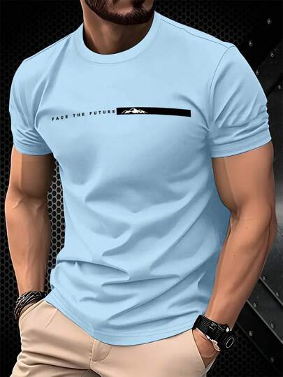 Manfinity Homme تيشرت كاجوال للرجال بياقة مستديرة وأكمام قصيرة مطبوع عليه حرف، صيفي