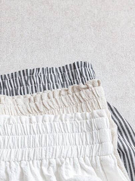 SHEIN LUNE 3 أزواج من شورتات نسائية كاجوال مرنة الخصر، قطن أبيض، كتان لون المشمش، شورتات مخططة بالأسود والأبيض، قماش مريح للارتداء اليومي الكاجوال، للربيع والصيف