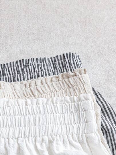 SHEIN LUNE 3 أزواج من شورتات نسائية كاجوال مرنة الخصر، قطن أبيض، كتان لون المشمش، شورتات مخططة بالأسود والأبيض، قماش مريح للارتداء اليومي الكاجوال، للربيع والصيف