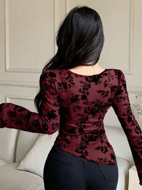 Joudiya بلوزة نسائية بأكمام جرس وياقة على شكل حرف V مع رباط وطبعات زهور صغيرة، أكمام طويلة مناسبة للربيع والصيف، ملابس نسائية للخريف، عيد الحب