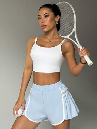 Sport Studio سروال رياضي نسائي مع طيات جانبية، صورة واضحة وجذابة للتدريب، مريح للرياضات الخارجية مثل الجري والتنس والجولف، بطول 3/4 مع تشطيب متباين