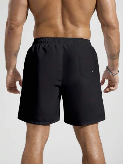Manfinity Swimmode شورت شاطئ ذو لون سادة مع جيب وخصر جذب، مناسب للصيف