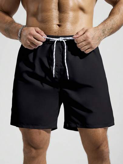 Manfinity Swimmode شورت شاطئ ذو لون سادة مع جيب وخصر جذب، مناسب للصيف