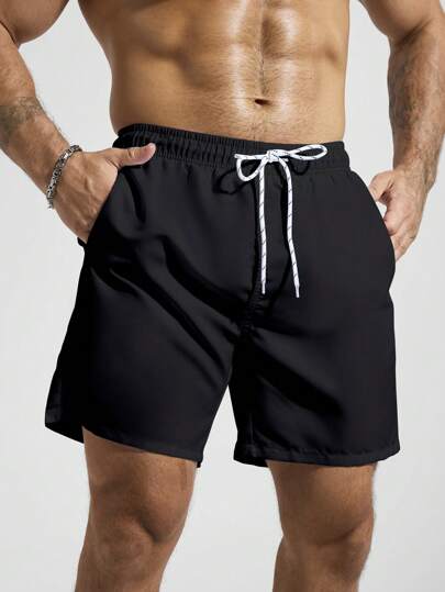 Manfinity Swimmode شورت شاطئ ذو لون سادة مع جيب وخصر جذب، مناسب للصيف