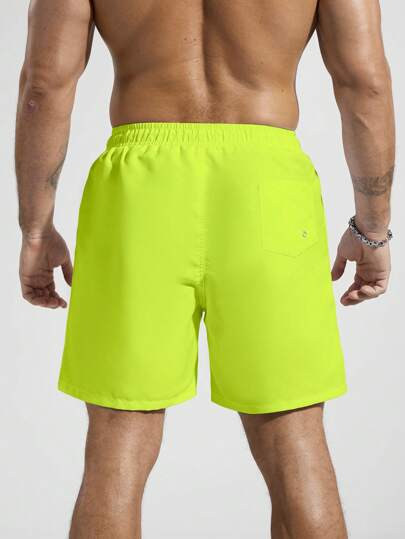 Manfinity Swimmode شورت شاطئ رجالي أحادي اللون ذو جيب وخصر بحبل, مناسب للصيف, طراز هاواي