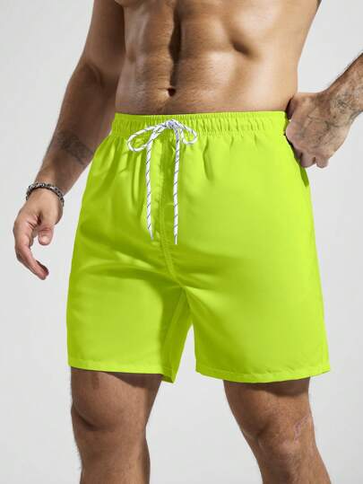 Manfinity Swimmode شورت شاطئ رجالي أحادي اللون ذو جيب وخصر بحبل, مناسب للصيف, طراز هاواي
