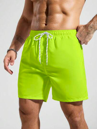 Manfinity Swimmode شورت شاطئ رجالي أحادي اللون ذو جيب وخصر بحبل, مناسب للصيف, طراز هاواي