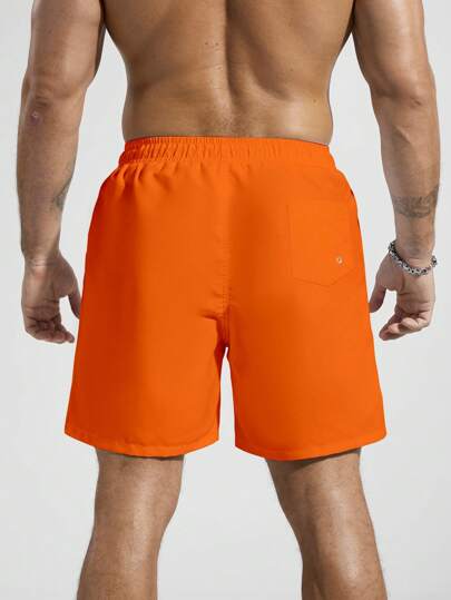 Manfinity Swimmode شورت شاطئ للرجال بخصر رباط بجيوب وألوان سادة مناسب للصيف، هاواي