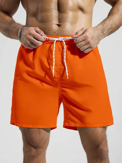 Manfinity Swimmode شورت شاطئ للرجال بخصر رباط بجيوب وألوان سادة مناسب للصيف، هاواي