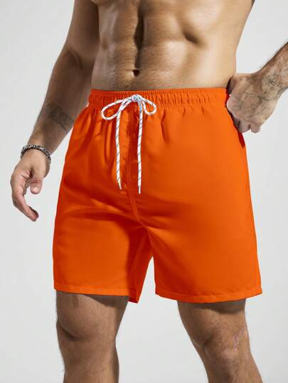 Manfinity Swimmode شورت شاطئ للرجال بخصر رباط بجيوب وألوان سادة مناسب للصيف، هاواي