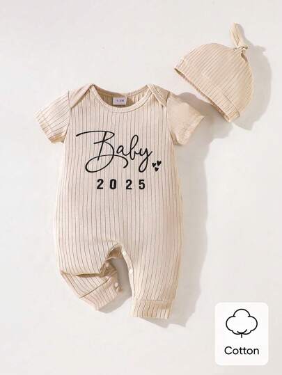 SHEIN Playful Pals مجموعة برمودا واقبعة للأطفال حديثي الولادة الرضع، مريحة، مطبوعة بحروف، أحادية اللون، بأكمام قصيرة، موديل 2025، لمناسبة عيد الحب