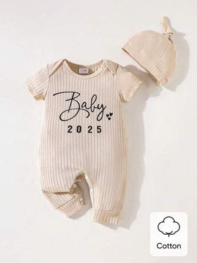 SHEIN Playful Pals مجموعة برمودا واقبعة للأطفال حديثي الولادة الرضع، مريحة، مطبوعة بحروف، أحادية اللون، بأكمام قصيرة، موديل 2025، لمناسبة عيد الحب