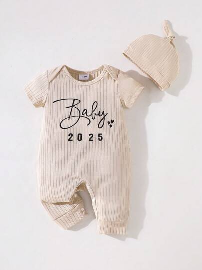 SHEIN Playful Pals مجموعة برمودا واقبعة للأطفال حديثي الولادة الرضع، مريحة، مطبوعة بحروف، أحادية اللون، بأكمام قصيرة، موديل 2025، لمناسبة عيد الحب
