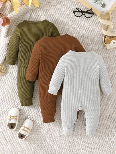 SHEIN Vintaside Kids بذلة أطفال صبيان ربيعية وخريفية مجسمة بلون واحد شبكية 3 قطع