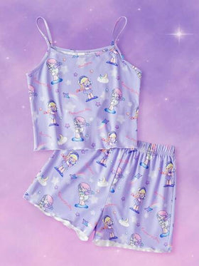 Pop Mart Azura X SHEIN مجموعة بيجاما للفتيات المراهقات مكونة من ملابس علوية جميلة ذات طبعة نجوم أحلام ونمط بلون بنفسجي مع شورت فضفاض