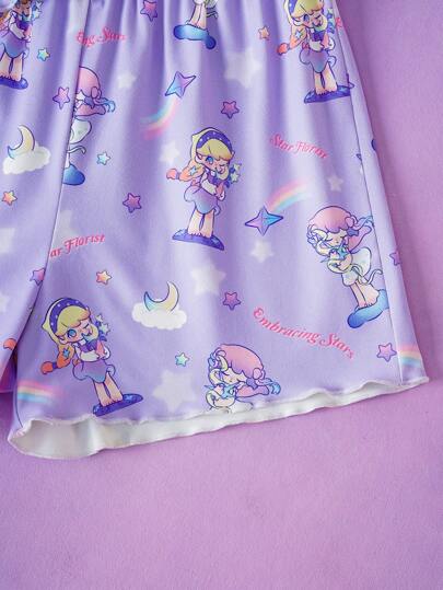 Pop Mart Azura X SHEIN مجموعة بيجاما للفتيات المراهقات مكونة من ملابس علوية جميلة ذات طبعة نجوم أحلام ونمط بلون بنفسجي مع شورت فضفاض