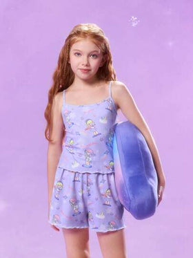 Pop Mart Azura X SHEIN مجموعة بيجاما للفتيات المراهقات مكونة من ملابس علوية جميلة ذات طبعة نجوم أحلام ونمط بلون بنفسجي مع شورت فضفاض
