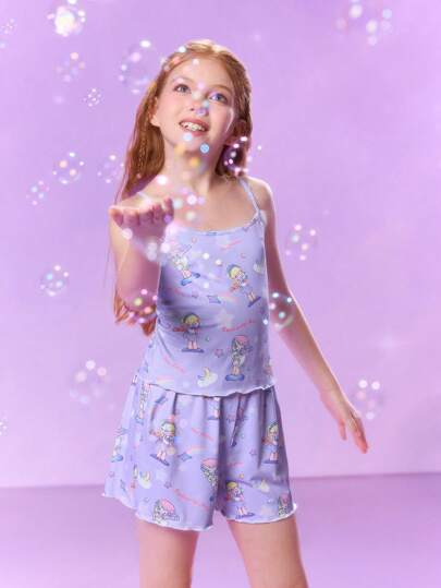 Pop Mart Azura X SHEIN مجموعة بيجاما للفتيات المراهقات مكونة من ملابس علوية جميلة ذات طبعة نجوم أحلام ونمط بلون بنفسجي مع شورت فضفاض