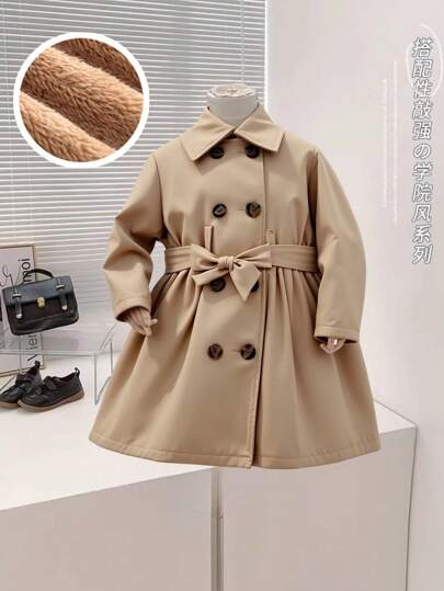 SHEIN معطف طويل مبطن للفتيات الصغار باللون الخاكي البسيط والأنيق، للخريف والشتاء