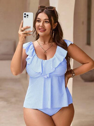 Swim Mod مجموعة بيكيني للمرأة كبيرة الحجم بقصة كروي مجعد على هيئة قطعتين، قصة علوية محصورة بالصدر وقطعة سفلية