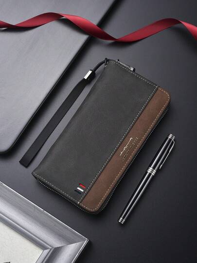 SHABILI محفظة جلد اصطناعي بسيطة اللون، سحاب، سعة كبيرة، محفظة قابضة للأعمال، حقيبة يد للرجال للتنقل واستخدام يومي