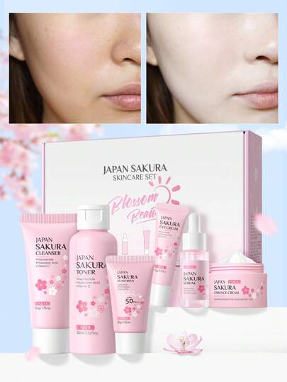 LAIKOU 1 مجموعة LAIKOU JAPAN SAKURA تحتوي على 6 قطع للعناية بالبشرة، مضادة للشيخوخة (كريم واق من الأشعة فوق البنفسجية 30جم بواقي 50 وغسول 50جم ومحلول تنظيف 100مل وسيروم 17مل وكريم للعين 15جم وكريم للوجه 25جم) هدايا مجموعات العناية الفائقة بالبشرة...