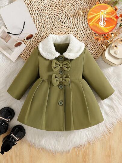 SHEIN Explorewe معطف شتوي/خريفي للبنات الصغار مزين بياقة فرائية وربطة عنق