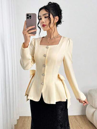 Modely سترة نسائية أنيقة ذات رقبة مربعة وأكمام طويلة وربطة عنق في الخصر وذيل على شكل زهرة التوليب
