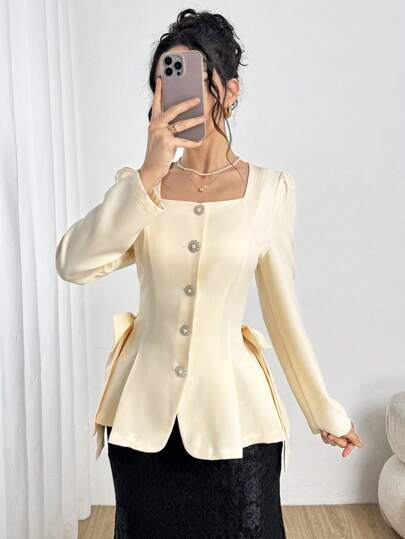 Modely سترة نسائية أنيقة ذات رقبة مربعة وأكمام طويلة وربطة عنق في الخصر وذيل على شكل زهرة التوليب