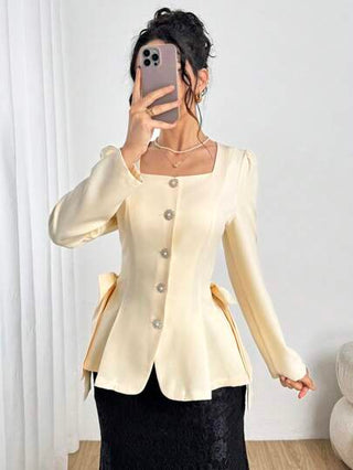 Modely سترة نسائية أنيقة ذات رقبة مربعة وأكمام طويلة وربطة عنق في الخصر وذيل على شكل زهرة التوليب