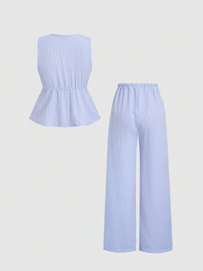 Sweetra مجموعة 2 قطعة: بنطلون كاجوال ذو ساق مستقيمة ومنقوش بالشريط ذات نمط الأربطة، طراز الشارع للنساء للصيف