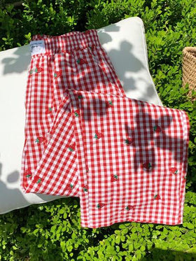 Comfortcana بنطلون نسائي ذو رجل واسع بأبليكيه حرفي مخيط اللون الأحمر