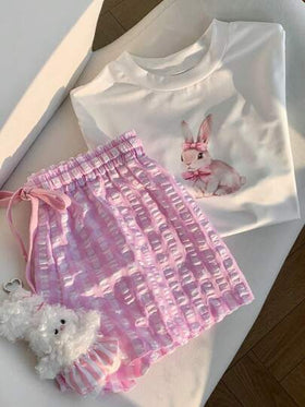 Comfortcana طقم صيفي مريح مكون من تي شيرت مطبوع برسم أرنب وشورت مربع