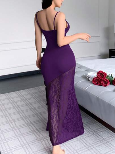 SHEIN فستان انزلاق مع تريم الدانتيل الأنيق الفرنسي، قميص نوم نسائي رومانسي