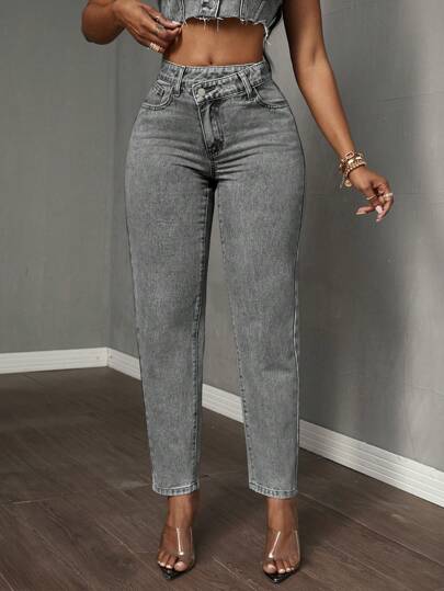 SHEIN Tall سراويل جينز كاجوال ذات خصر غير متماثل وجيب
