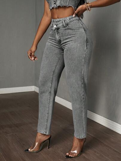 SHEIN Tall سراويل جينز كاجوال ذات خصر غير متماثل وجيب