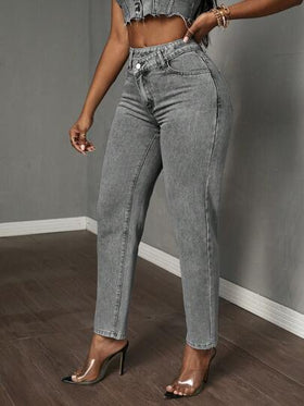 SHEIN Tall سراويل جينز كاجوال ذات خصر غير متماثل وجيب