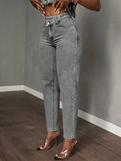 SHEIN Tall سراويل جينز كاجوال ذات خصر غير متماثل وجيب
